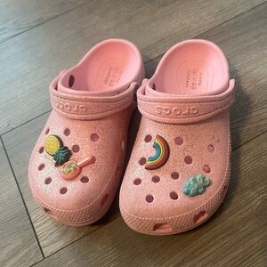 Girls Pink Glitter Crocs with Charms - Size C13